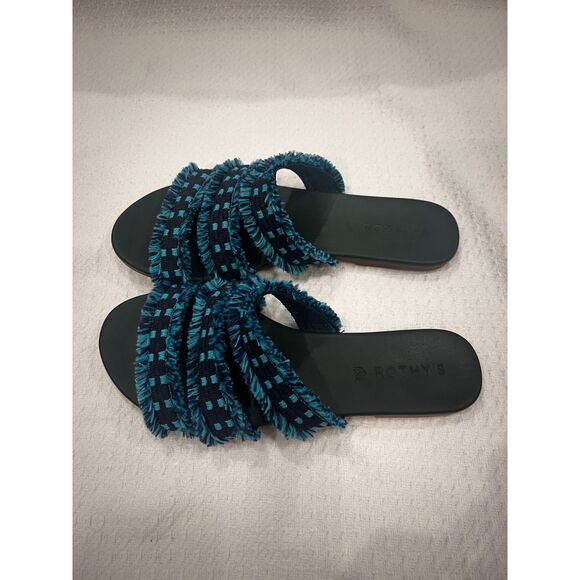 Rothy’s Women’s 7.5 Teal Blue Boho Tassel Slip-On Sandals Summer Slides - Picture 3 of 7